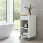 Meuble rangement salle de bain, cuisine, bureau. étagère avec tiroir. style scandinave, 42 x 31 x 82 cm., blanc-inox, thelma Don Hierro – Image 5