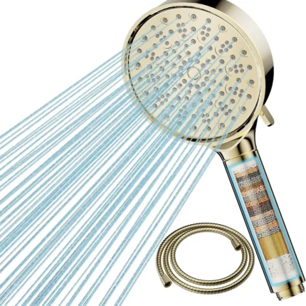 Pommeau de douche mural rectangulaire doré à 6 jets et filtre Vendos85