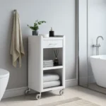 Meuble rangement salle de bain, cuisine, bureau. étagère avec tiroir. style scandinave, 42 x 31 x 82 cm., blanc-inox, thelma Don Hierro – Image 3